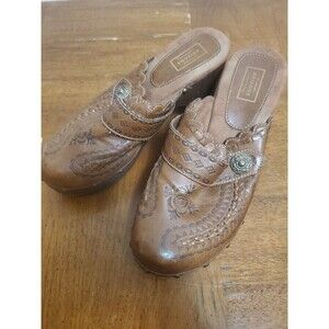 Arizona Jean Company Clogs 90's Y2K Brown Tooled Leather Size 8 Almost Famous